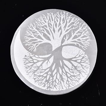 JIC Gem Tree of Life Etched Selenite Charging Plate Round Engraved Selenite Slab Large Healing Crystal Charging Station 4"