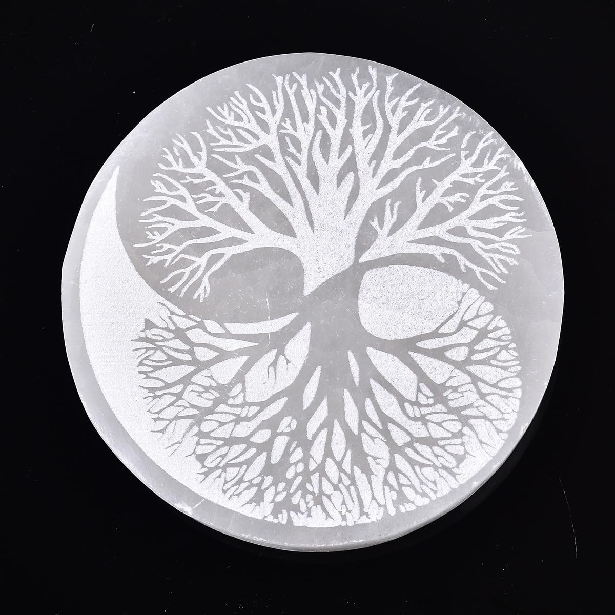 JIC Gem Tree of Life Etched Selenite Charging Plate Round Engraved Selenite Slab Large Healing Crystal Charging Station 4"