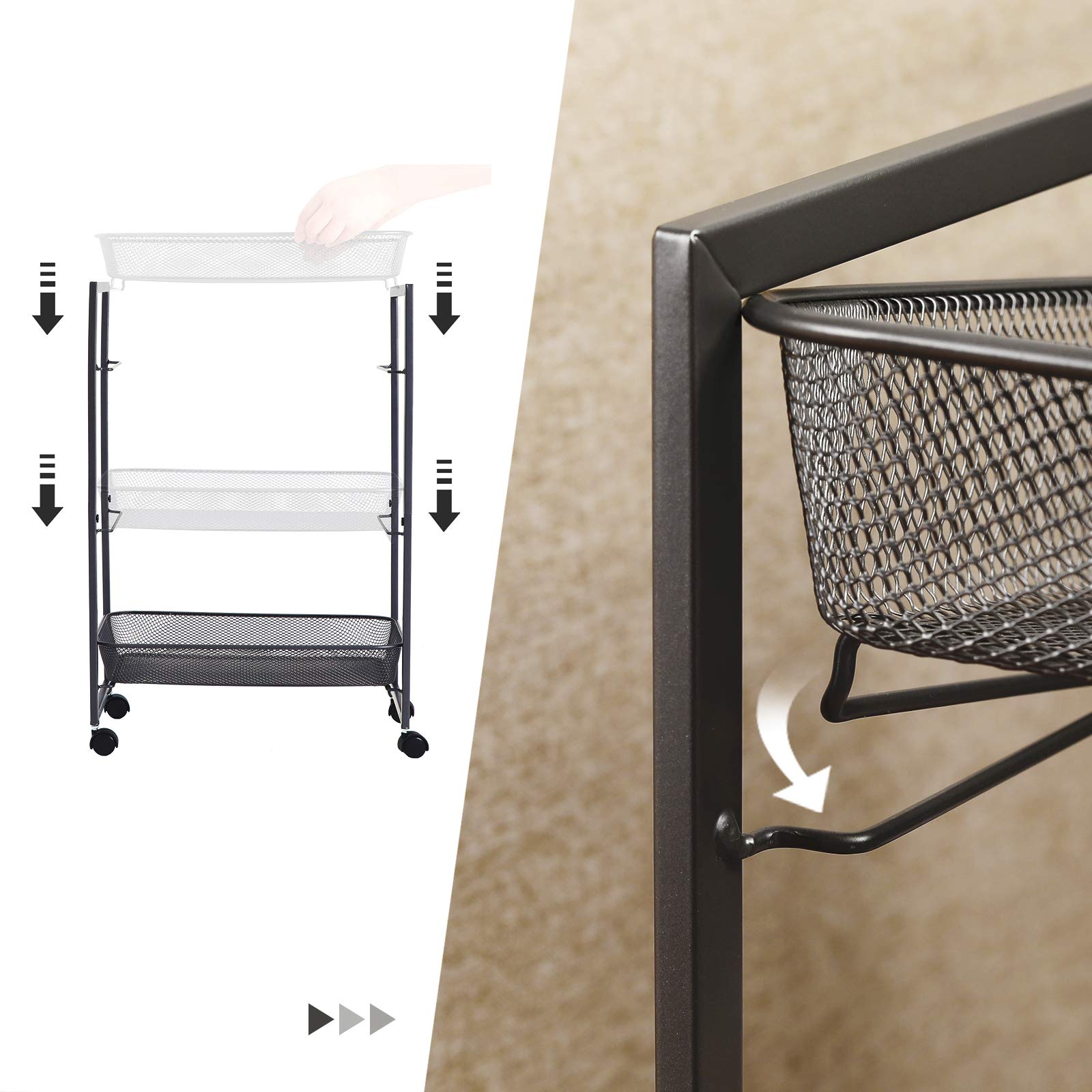 Trolley 4 niveaus, keukenwagen smal, nisplank op wielen, staal, handgreep, voor kleine ruimtes, keuken, badkamer, woonkamer, studeerkamer, vintage bruin en zwart