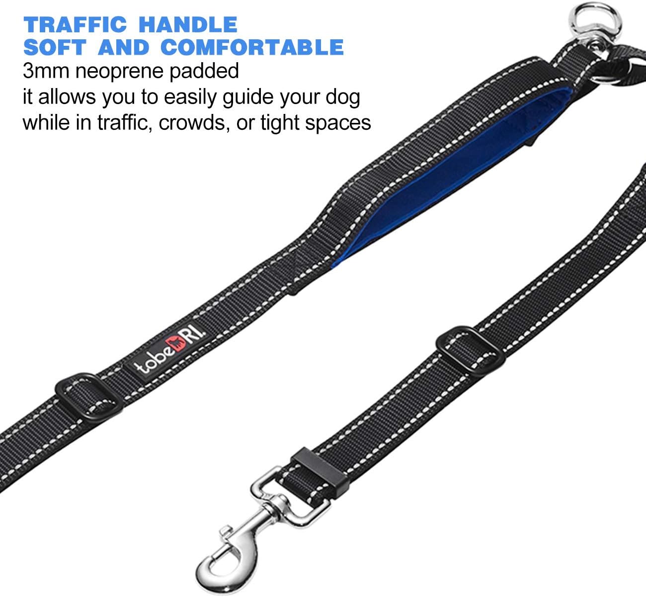 tobeDRI Double Dog Leash Coupler - 2 Padded Handles, Adjustable from 18 to 24 Inch - Heavy Duty Dual Dog Leash for 2 Dogs for Large Medium Small Dogs (Black/Blue)