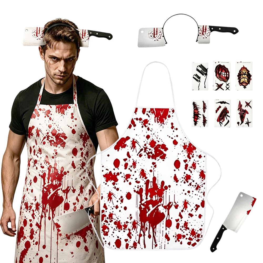 Disfraz de Carnicero Halloween para Hombre–Delantal Ensangrentado, Diadema