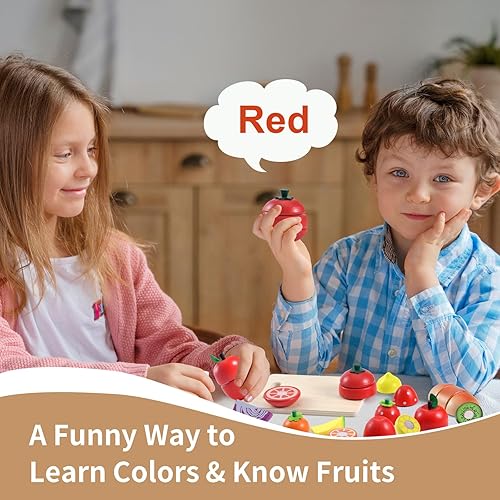 Miniatura 8 de WHOHOLL Juego de comida de madera para niños de cocina, accesorios de cocina para simular, cortar alimentos, juguetes Montessori para niños de más