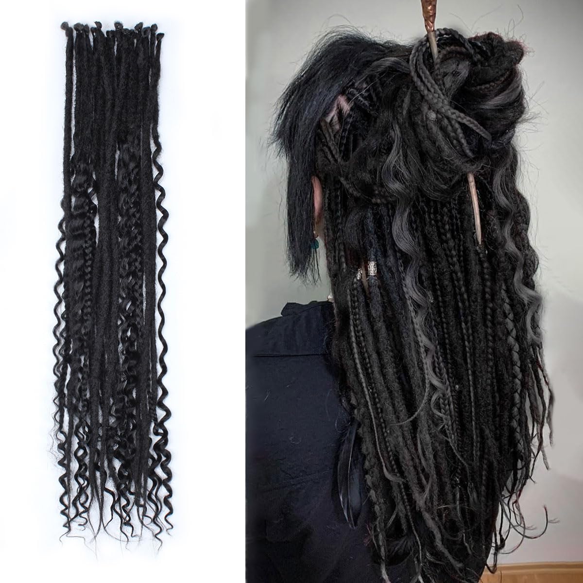 KRALER 24 Inch Mixed SE Dreadlock Extensions Sets, 3 in 1 20 Strands Synthetic Single Ended Dreads Extensions, Black Hippie Dreads Style for Girls