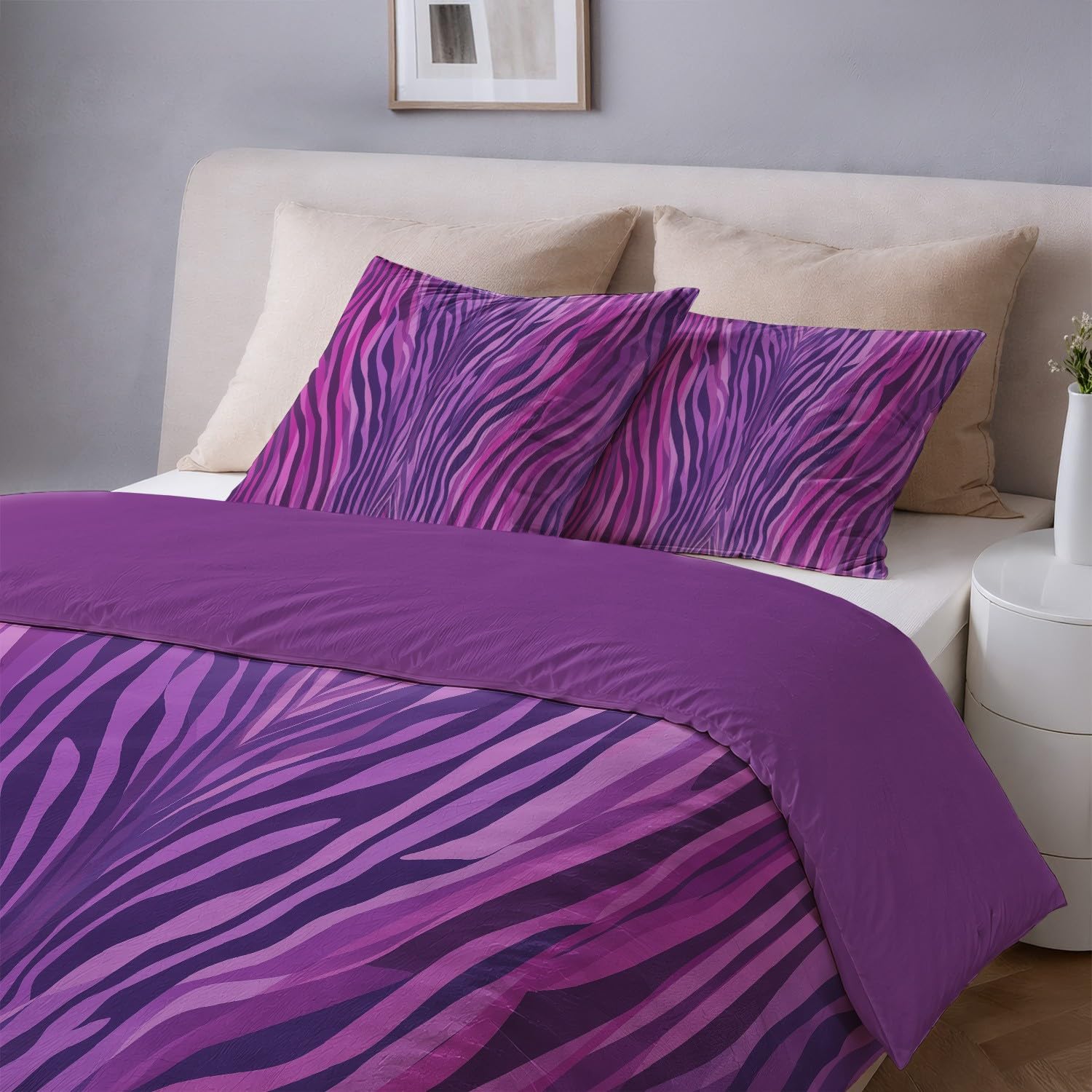 Generic Zestaw poszewek na kołdrę, elegancki, symetryczny nadruk zebry, super king, 293 x 236 cm, fioletowy abstrakcyjny zestaw pościeli 3-częściowy, miękka poszewka na kołdrę z mikrofibry dla dzieci