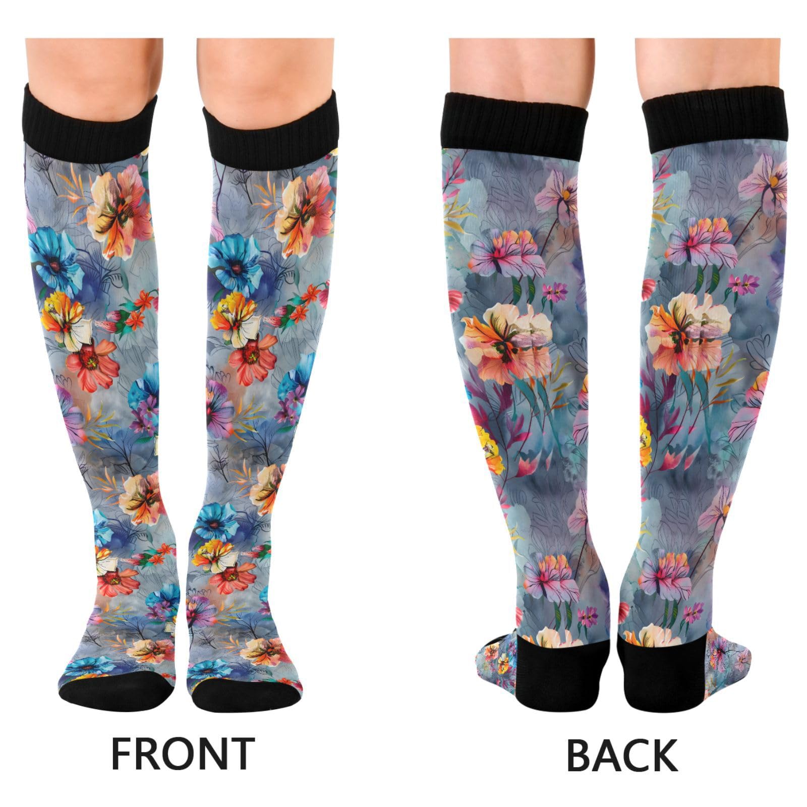 MFTJYO Bright Flowers Oil Floral Compression Socks for Women Men Circulation Long Knee High Socks for Athletic Sports Running