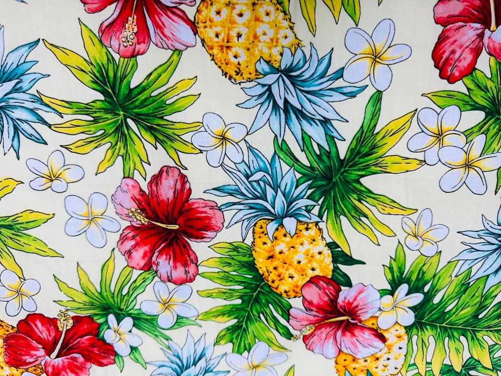 Creme Background Tropical Hawaiian Print Fabric in Cotton Sold by The Yard
