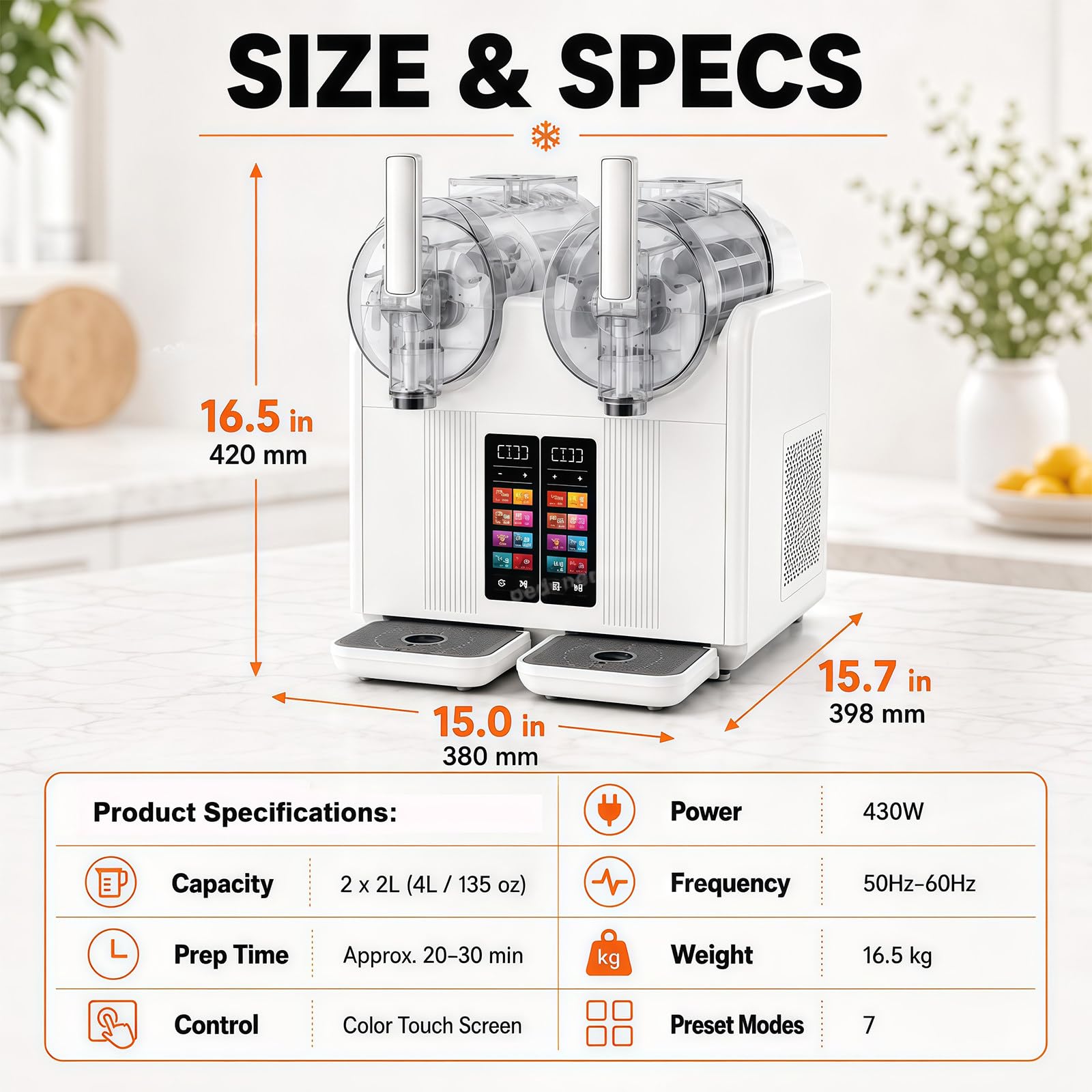 Máquina de Granizados Profesional y Helado Soft 2 en 1, Granizadora de Slush de Doble Tanque con Pantalla Táctil, Dispensador para Sorbetes, Yogur Helado y Bebidas Frías White