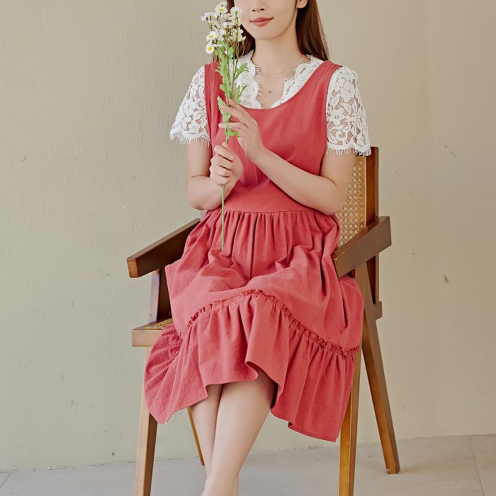 Mujer Algodón Delantales Estilo Japones Vendaje Cruzado Delantal Literatura Arte Tienda Ropa por Mujeres Hombres Cocinando Cocina Red,One Size