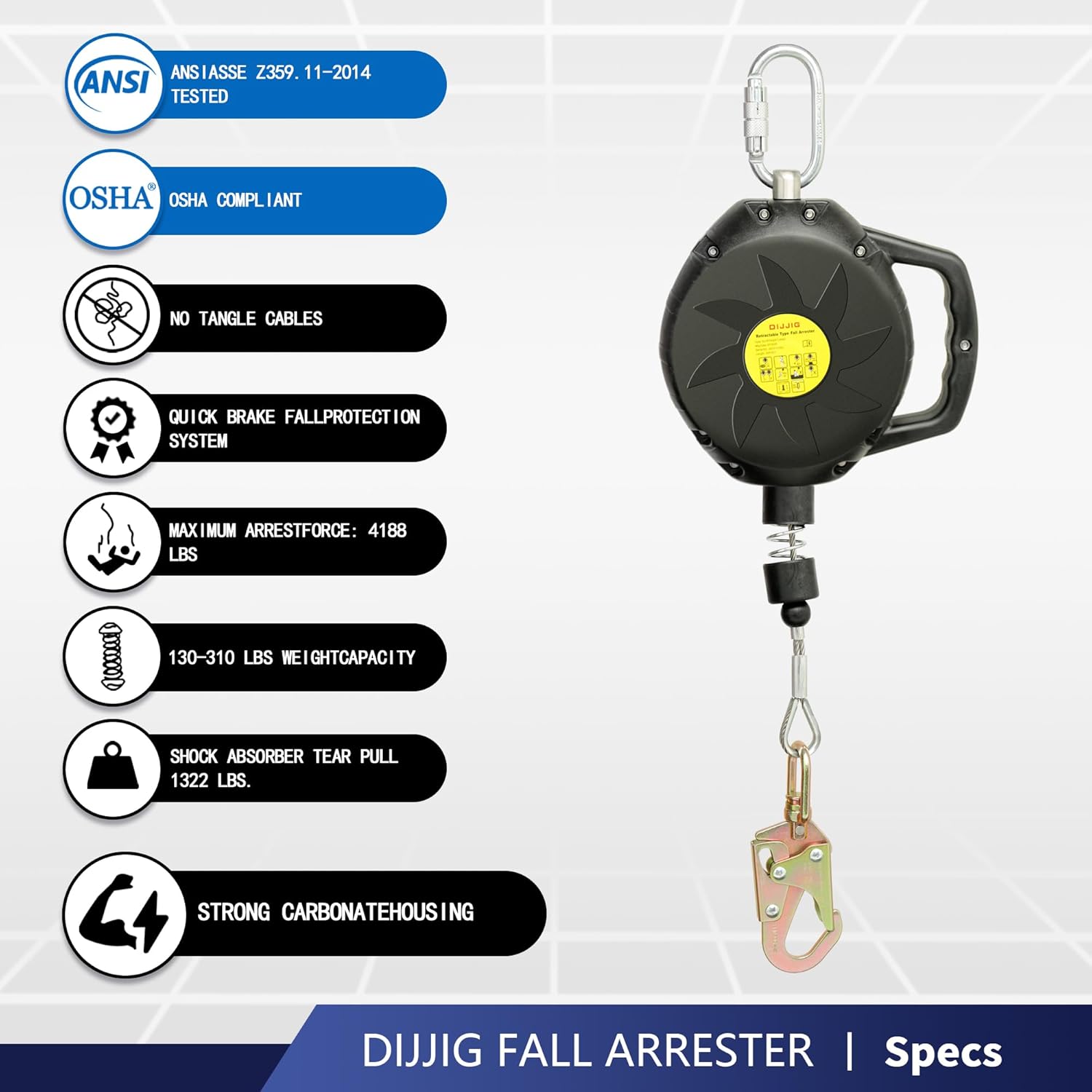 Self Retracting Lifeline 50FT Fall Protection Safety Lanyard, [NO Tangle Steel Cable] Class 1 SRL ANSI OSHA Retractable Fall Arrest Construction Roofing Roofing Construction Gear