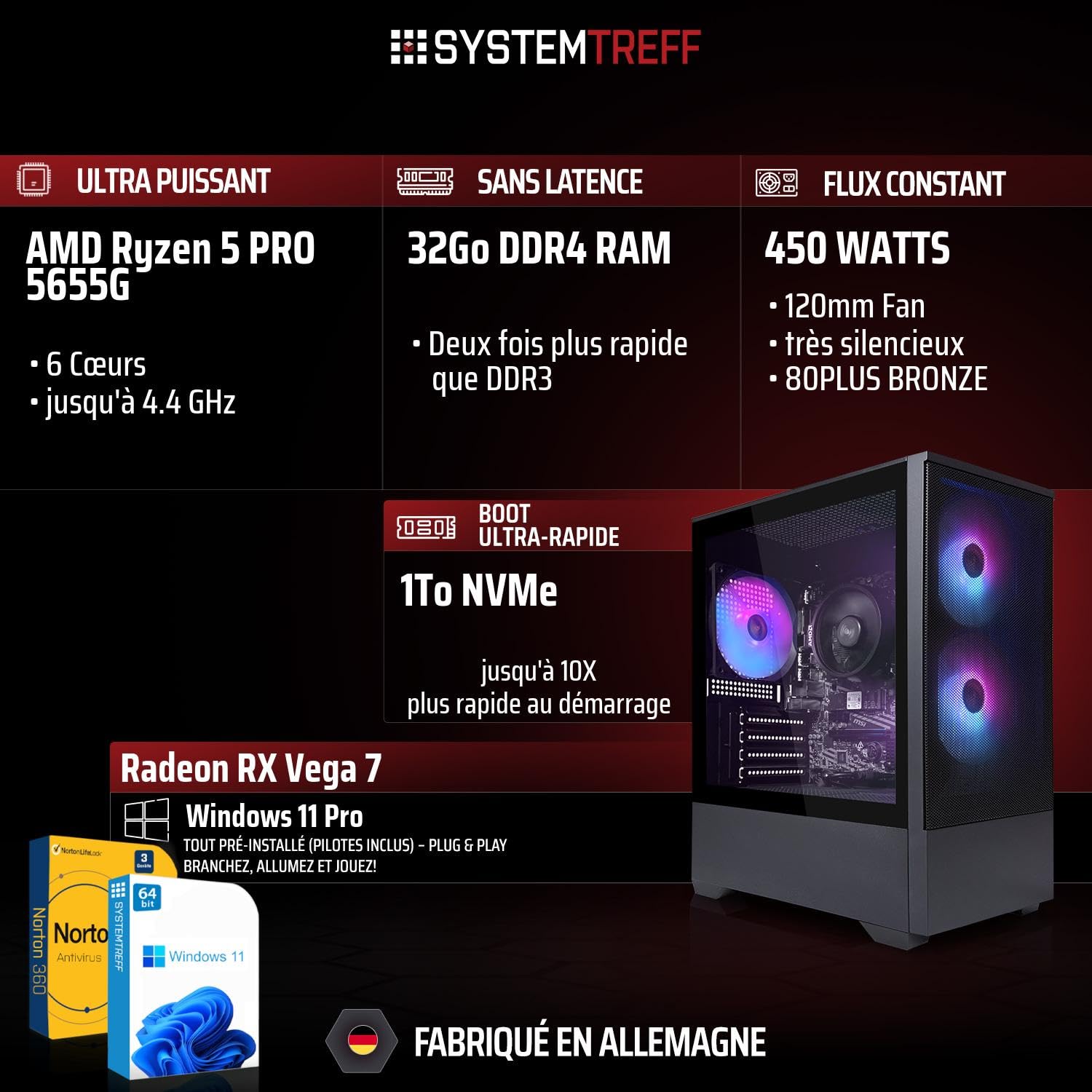 SYSTEMTREFF PC Gamer Basique - AMD Ryzen 5 Pro 5655G - 32Go RAM - 1To M.2