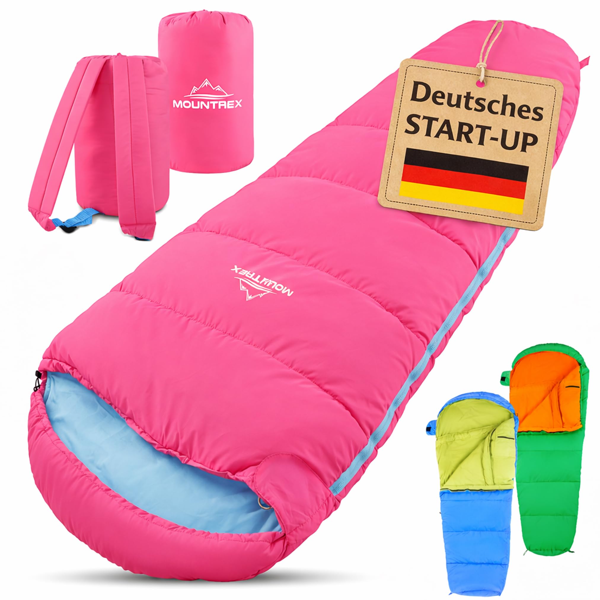 MOUNTREX Kinderschlafsack 5°C / 15°C – 100 % Baumwolle Innenfutter – Schlafsack für Kinder 175×70 cm – Leicht & Kompakt, Tragbar wie EIN Rucksack – Ideal für Camping, Kindergarten & Übernachtungen