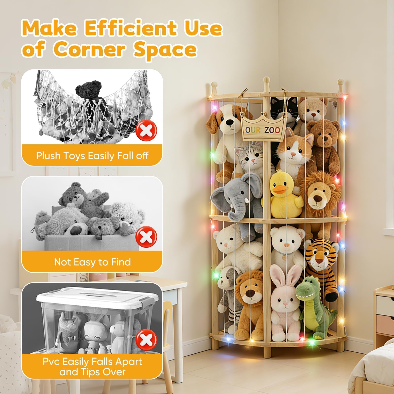 Angolo Porta Peluche 2 Ripiani in Legno Massivo con Luci LED, 96×44×44cm Organizzatore Senza Ruote, Supporto Peluche con Fascia Elastica per Cameretta Bambini, Sala Giochi & Soggiorno