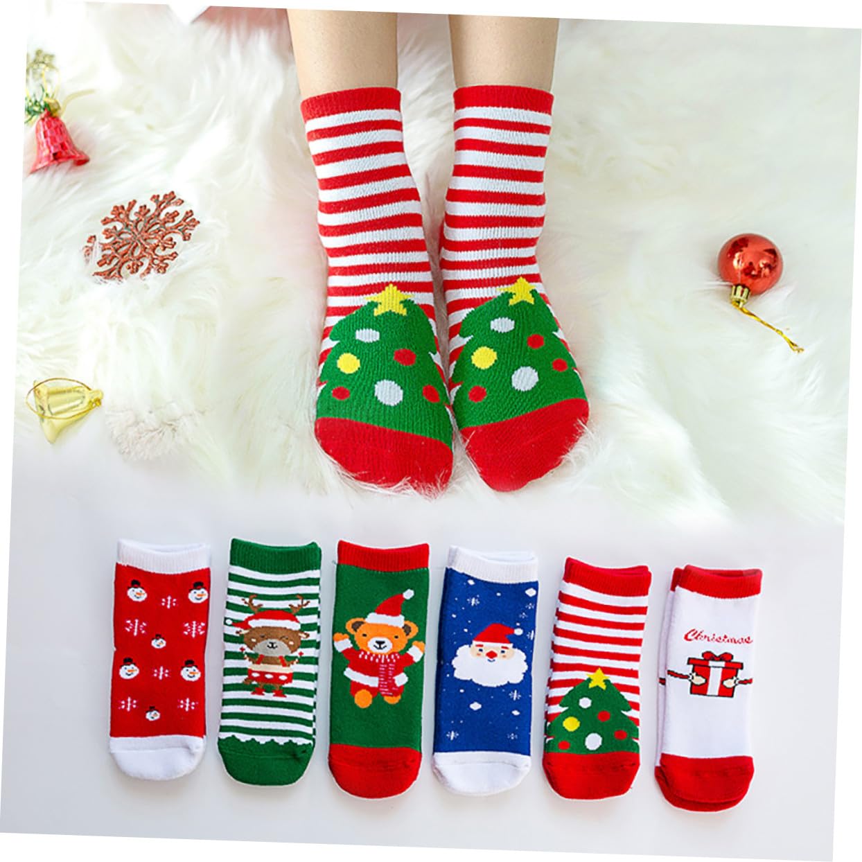 OUNONA 6paires Chaussettes Garçon Fille Coton Chaudes Noël Motifs Variés Antidérapantes pour Hiver