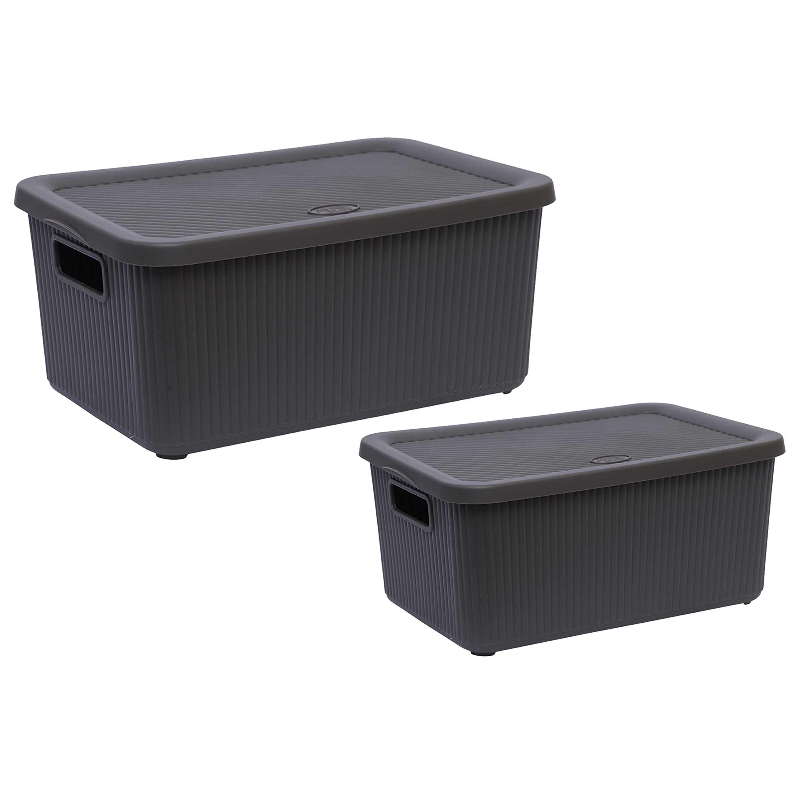 M1ss Bottle Grey Set Of 2- Small And Large 7L/14L Multipurpose Storage Box With Lid Stackable Storage Basket With Handle Lidded Bin Box Plastic Organiser-(Bottle Grey)