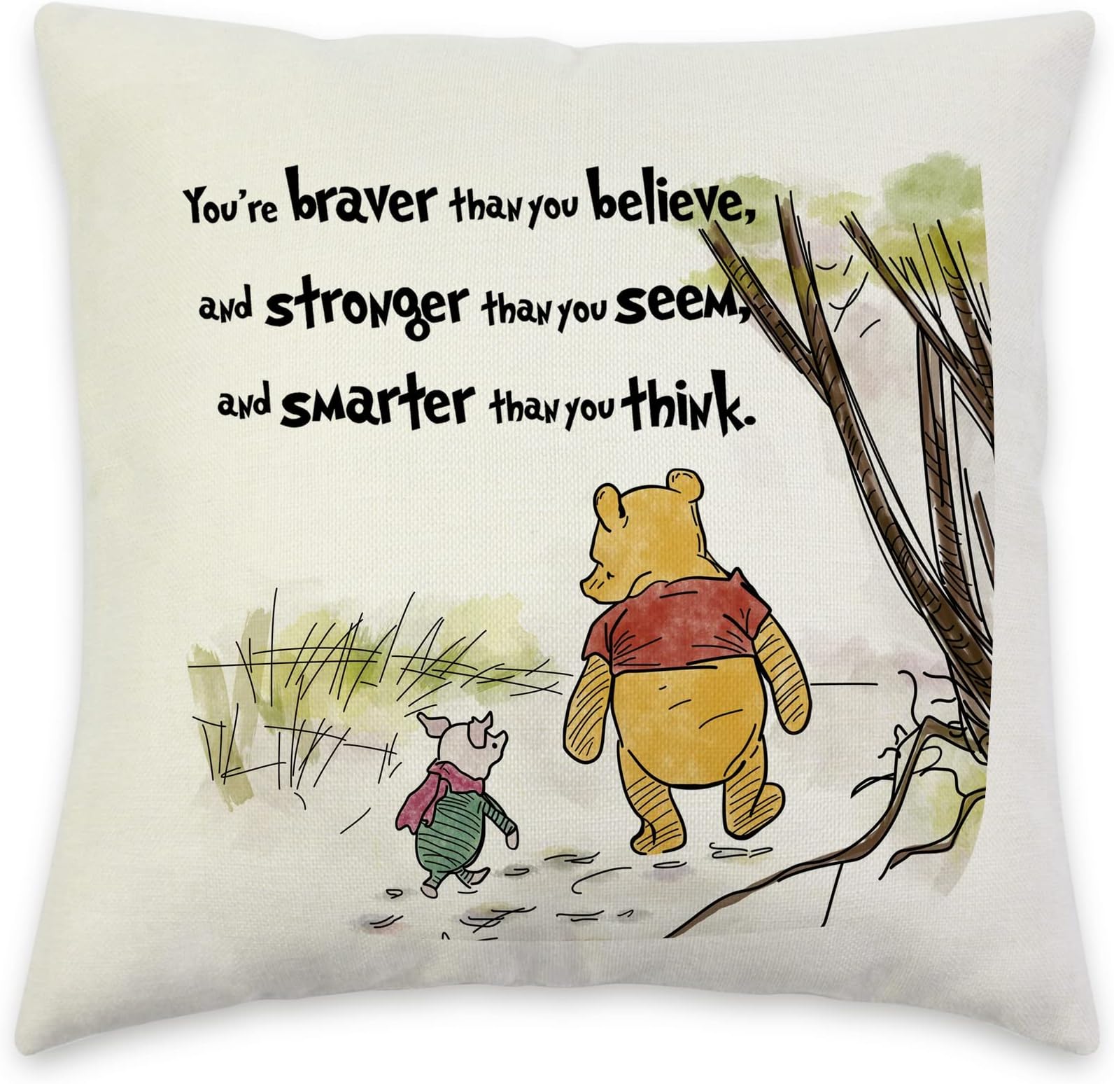 Poaemki You're Braver Than You Believe- Decorative Linen Cushion Cover, Winnie The Pooh and Piglet 18x18 Inch Pillow Square Couch Cover Inspirational Gift for Daughter, Son, Kids, Beige (PM020)