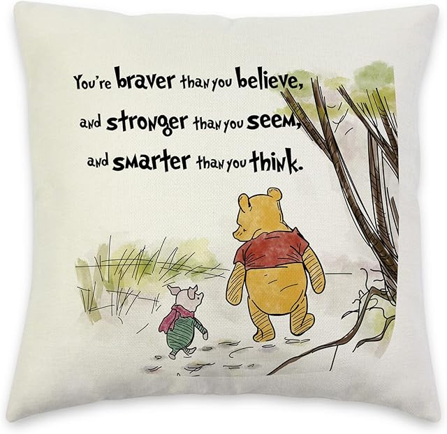 You're Braver Than You Believe- Decorative Linen Cushion Cover, Winnie The Pooh and Piglet 18x18 Inch Pillow Cover, Square Couch Pillow Cover Inspirational Gift for Daughter, Son, Kids