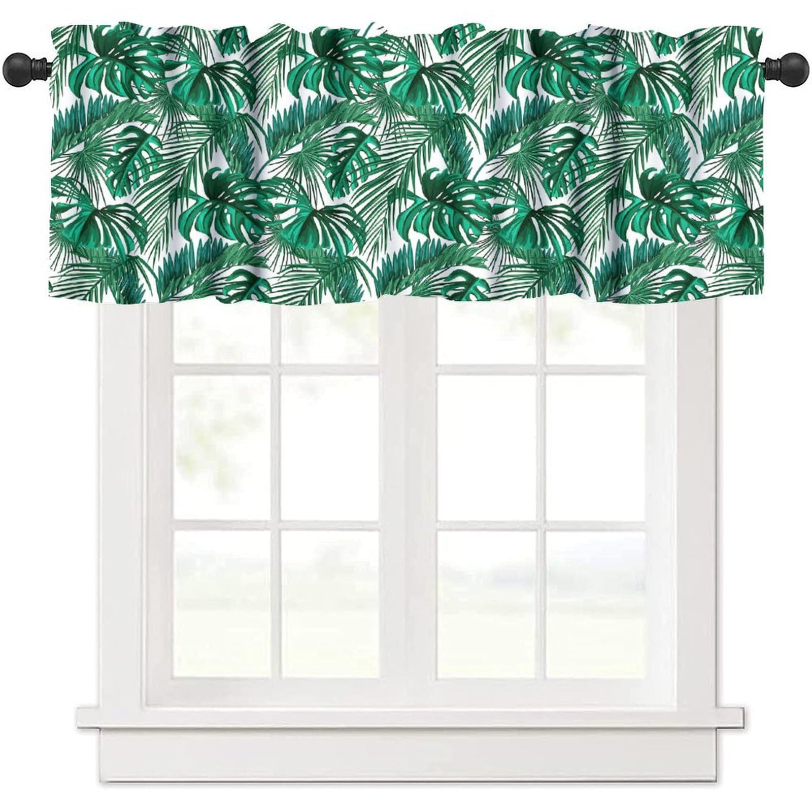 moderw Tropical Leaves Window Valance Curtains, Jungle Green Plam Tree Leave Retro Boho Hawaii Botanical Window Treatment Valance for Farmhouse Kitchen Bedroom Living Room 54x18inch