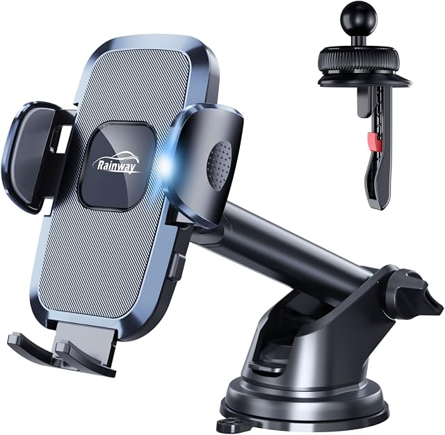 Phone Holder for Cars, Strong Suction Car Phone Holder for Dashboard/Windscreen/Air Vent, Rainway Universal Mobile Phone Holder for Car, 360° Rotation Car Phone Mount for iPhone Samsung Oneplus etc.