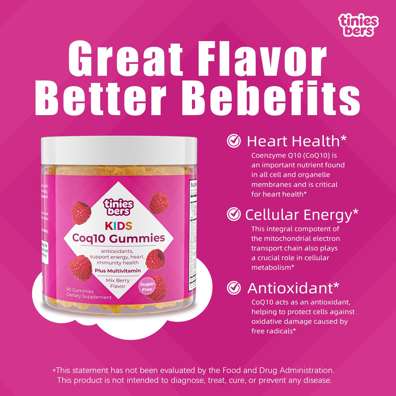 Tinies bers Coq10 Gummies for Kids, 100mg Ubiquinone with Multivitamins, Methyl Vitamin B12, Support Energy Production, Heart Health, Antioxidant, Daily Support, Vegan, Sugar Free, Pectin, Berry, 90 — Amazon image 3