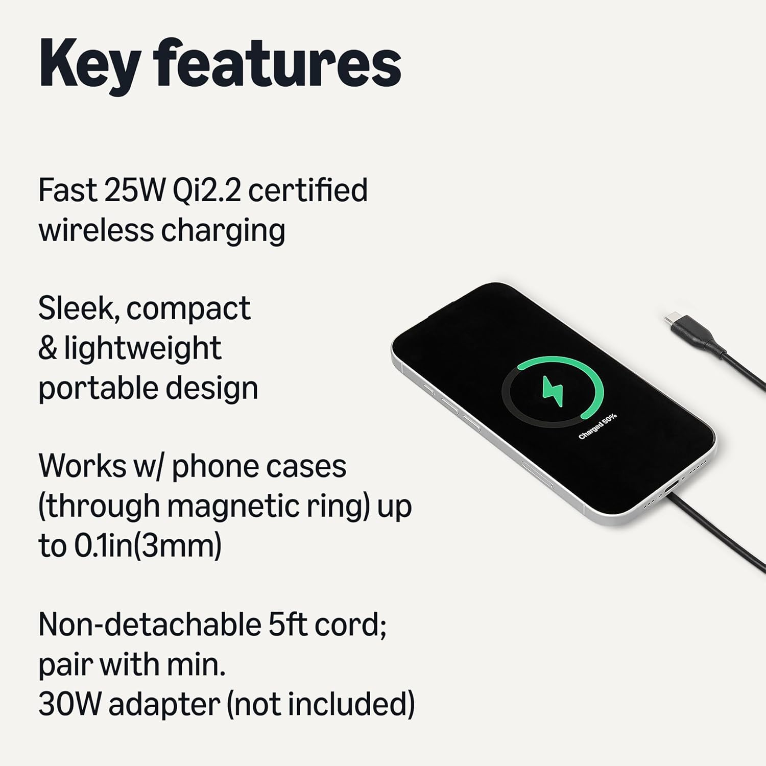 Amazon Basics 25W Qi2.2 Certified Wireless Charging Pad, MagSafe Compatible for iPhone 17/16/15/14/13/12, Magnetic Compatible for Android, Google Smartphones, Black (Adapter Not Included)