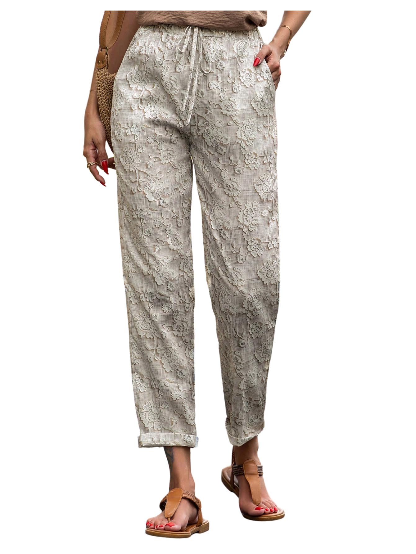 OYOANGLE Womens Floral Print Drawstring Waist Straight Leg Pants Lightweight Beach Casual Trousers