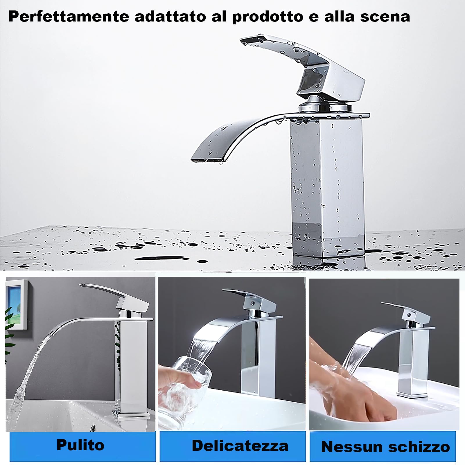 XWIHTR Rubinetto da bagno a cascata, rubinetto per lavabo, rubinetto per lavabo a una maniglia; bocca calda e fredda, silenzioso, rubinetto da bagno in ottone in acciaio inox (cromo)