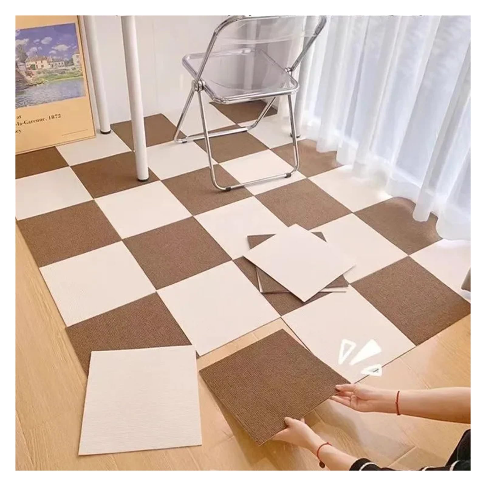 Teppichfliesen Selbstliegend Herausnehmbare Teppichfliesen mit weicher Schlingenoberfläche, selbstklebend, modular, mit rutschfester, gepolsterter Rückseite, for Balkonböden(BrownWhite-16Pcs)