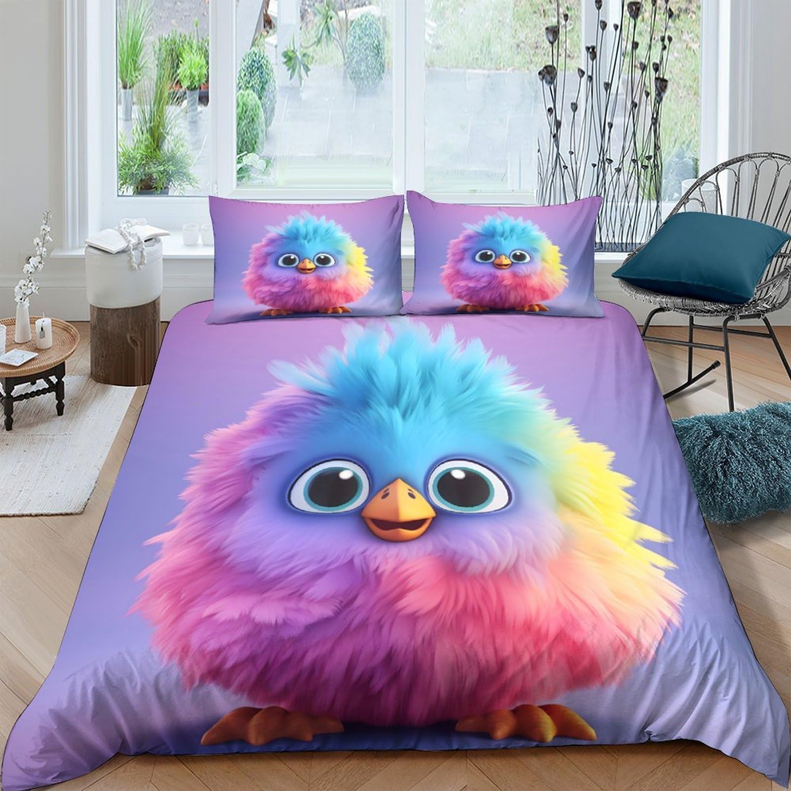 GPLZQXKJNH 3D Printed Rainbow Fluffy Bird Duvet Cover Microfiber Soft Breathable Cute Cartoon Bedding Set with 2 Pillowcases for Bedroom Decor Single（135x200cm）