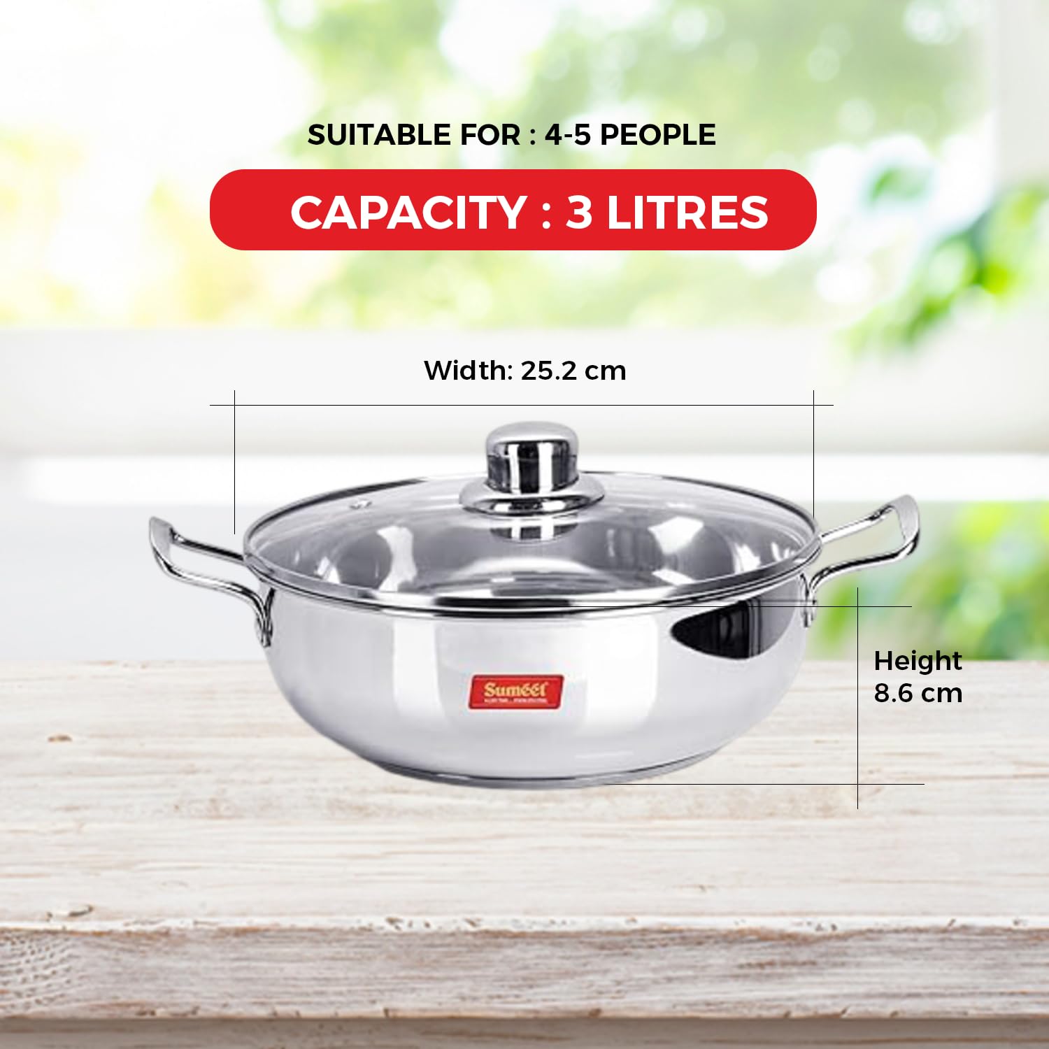 Sumeet Stainless Steel Induction Bottom (Encapsulated) Kadhai with Glass Lid Size No.14 (3 L, 25.2 x 25.2 x 8.6 Cm) 4