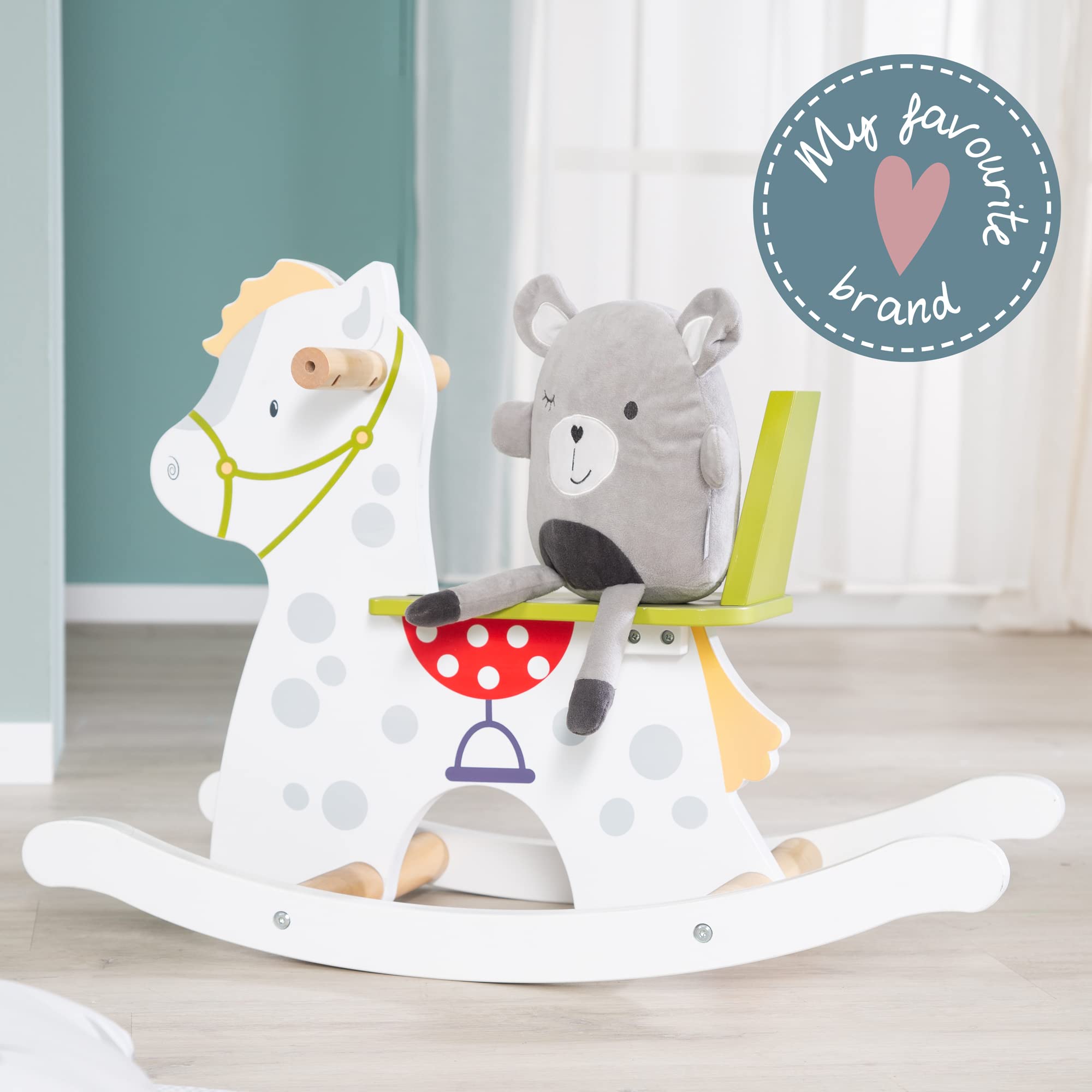 roba Cavallo a Dondolo Kleiner Racker - Anello di Protezione Rimovibile - per Bambini da 12 Mesi in Su - Ideale come Regalo di Compleanno e Natale - Legno Laccato Bianco