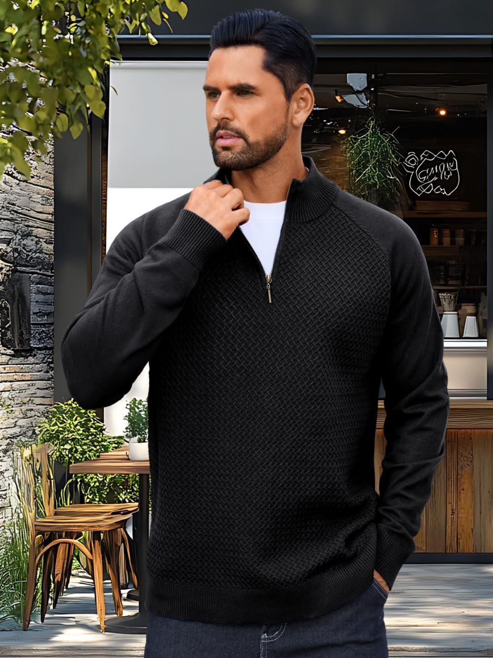 Mens 1/4 Quarter Zip Sweater, Waffle Knit Raglan Long Sleeve, S-2XL Fitted Mock Neck Casual Pullover Sweatshirt - Image 3