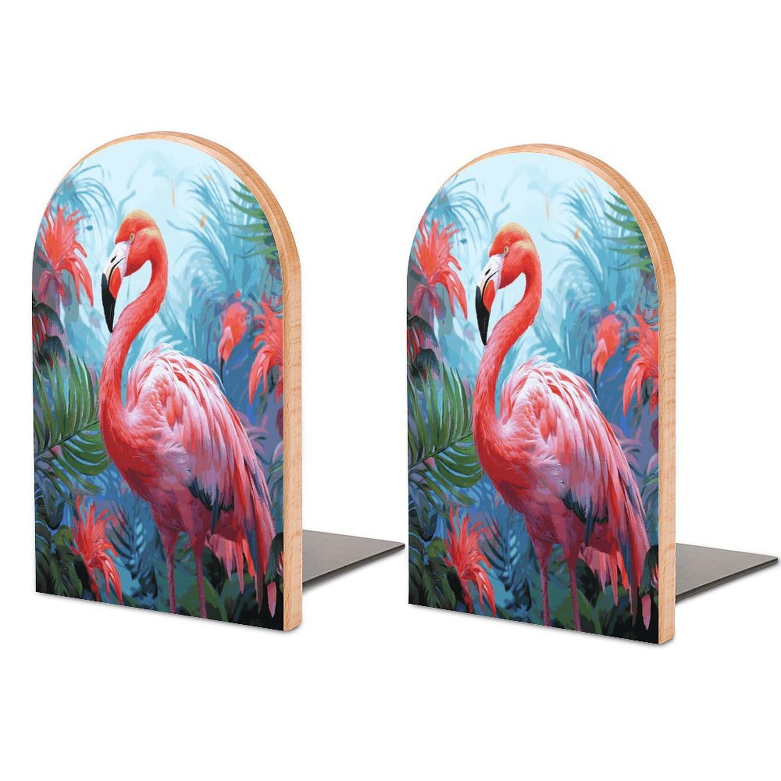 Painted Flamingo Bookend for Shelves Non-Skid Book Holder Modern Heavy Duty Bookend Stopper Metal Base Wood Book End Books Shelf Holder Home Decorative 1pair 5x3.9x3.1