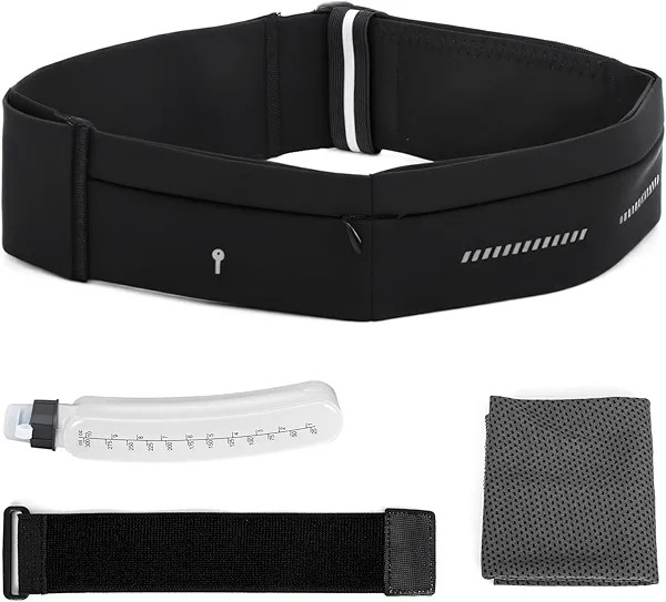 Lsnisni Slim Running Belt for Men and Women, Running Waist Pack with Water Bottle & Towel, Multi Pocket Fanny Pack - Phone Holder, Adjustable for Running, Climbing - Medium