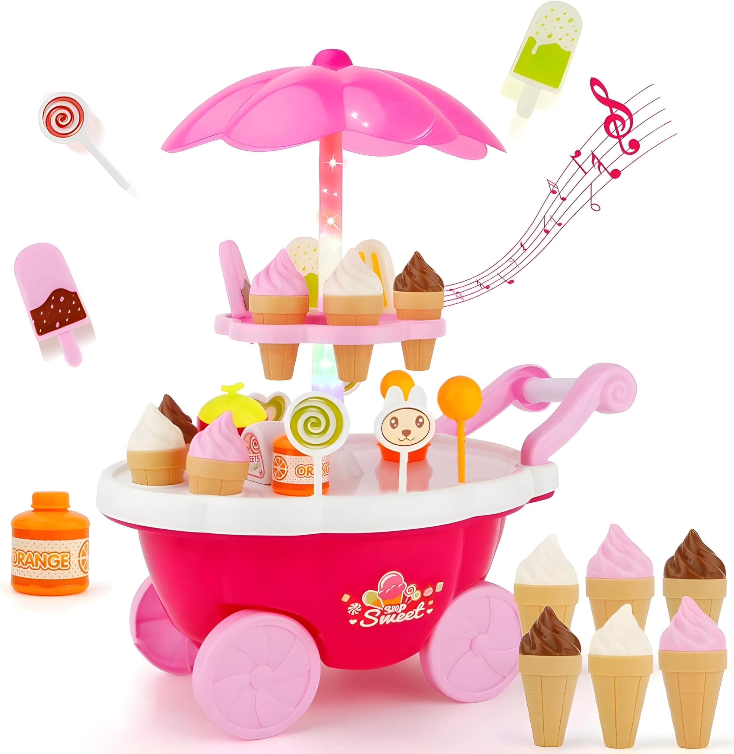Niku Ice Cream Candy Trolley Cart Kitchen Set for Kids Girls | Pretend Play Set with Music and Lights Toys for Girls | Pink Colour | 30 Accessories-image-31