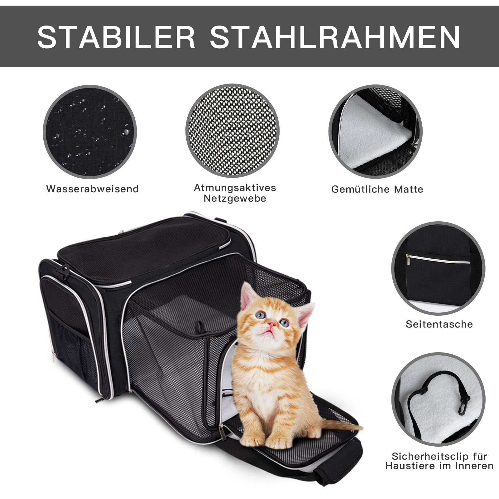 BAGLHER Trasportino per gatti, approvato dalle compagnie aeree, trasportino morbido laterale per animali domestici, da viaggio, 5 lati, porte aperte, 3 lati, espandibile, pieghevole, con imbottitura