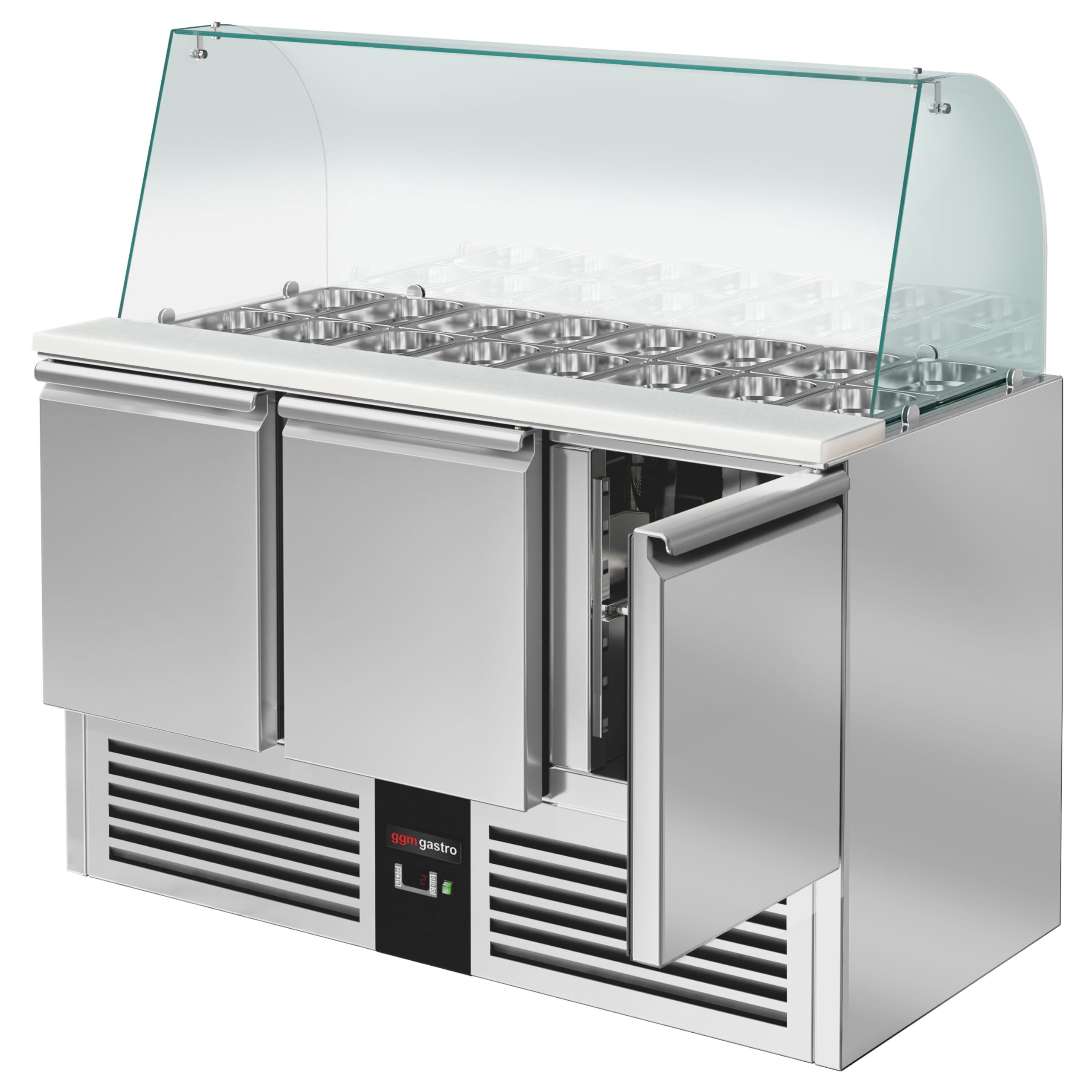 GGM Gastro Saladette PREMIUM - 4x GN 1/1 - Tapa de vidrio alta - 3 puertas - 368 litros - 240 W - Función de descongelación automática - Frente negro - Acero inoxidable - SAG147DRG#GSG147