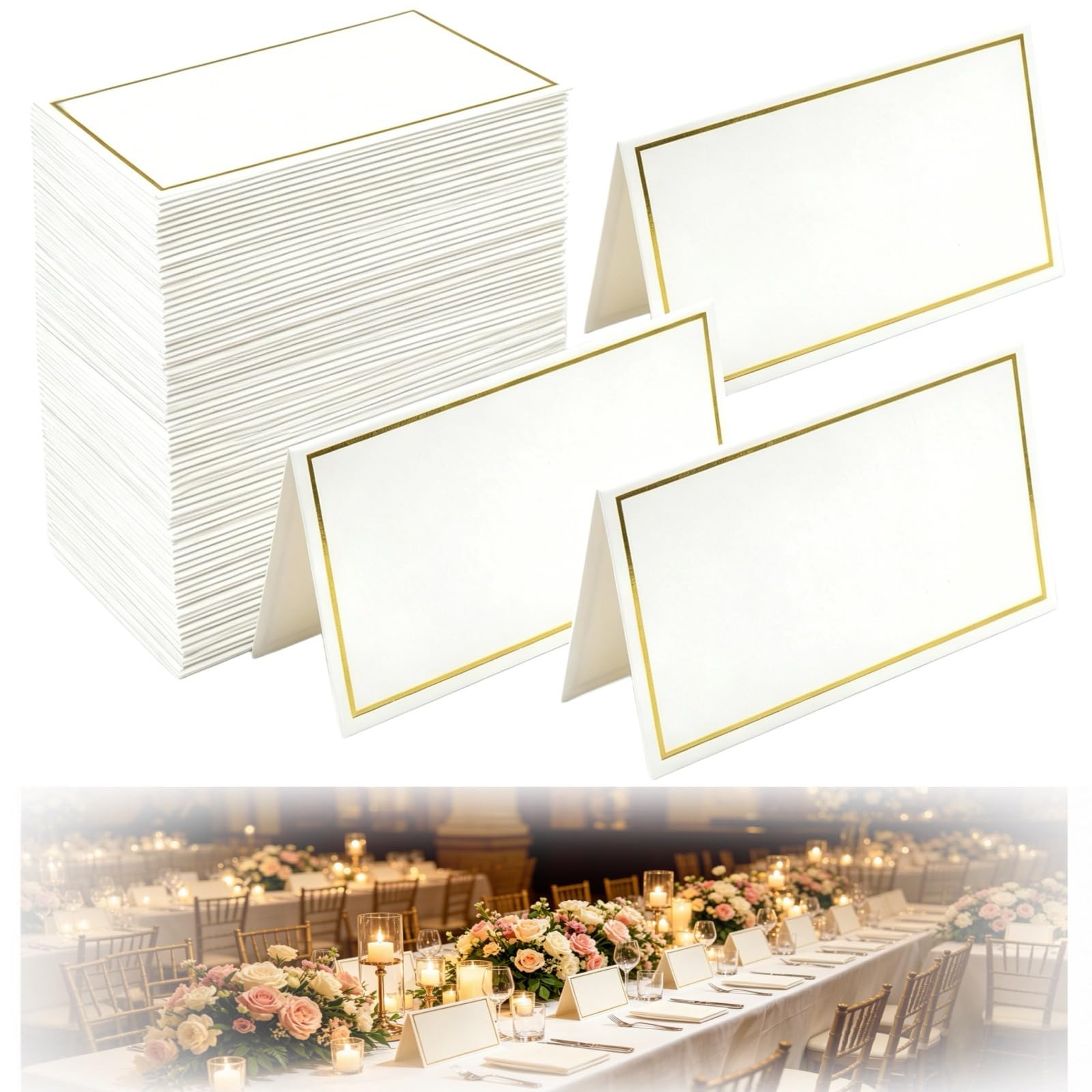 150Pcs White Place Cards with Gold Foil Border 5.1 x 8.4 cm Folded Name Cards for Table Setting Premium Blank Seating Cards for Weddings Banquets and Catering Events