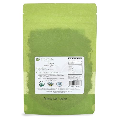 Miniatura 2 de Biokoma Hojas secas de salvia orgánica, 1.76 onzas (1.76 onzas) en bolsa resellable a prueba de humedad, certificado orgánico por USDA, té de