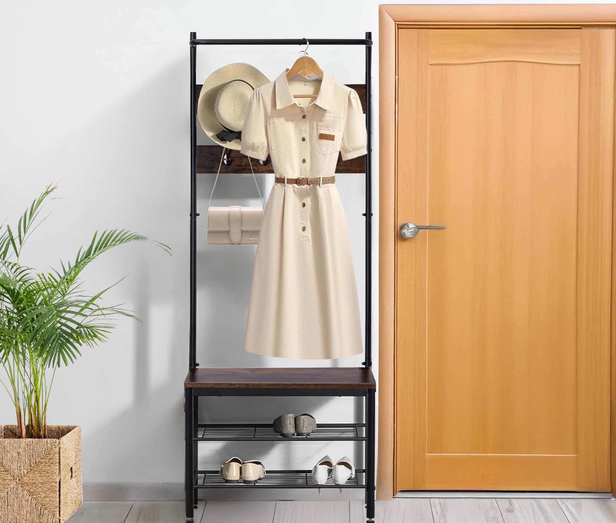 T-LOVENDO.ES Perchero Zapatero de Madera y Metal con estantería y Ganchos | Organizador de Entrada para Abrigos, Bolsos y Calzado | Mueble de Madera y Metal Resistente y Funcional para recibidor.