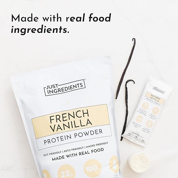 JUST INGREDIENTS French Vanilla Protein Powder, 30 Serving Bag | Grass-Fed Whey & Plant Protein Blend, Real Vanilla Bean, Sweetened with Monk Fruit, Non-GMO, Gluten-Free