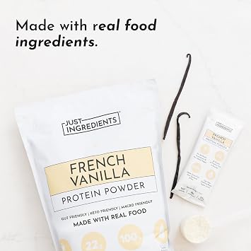 JUST INGREDIENTS French Vanilla Protein Powder, 30 Serving Bag | Grass-Fed Whey & Plant Protein Blend, Real Vanilla Bean, Sweetened with Monk Fruit, Non-GMO, Gluten-Free