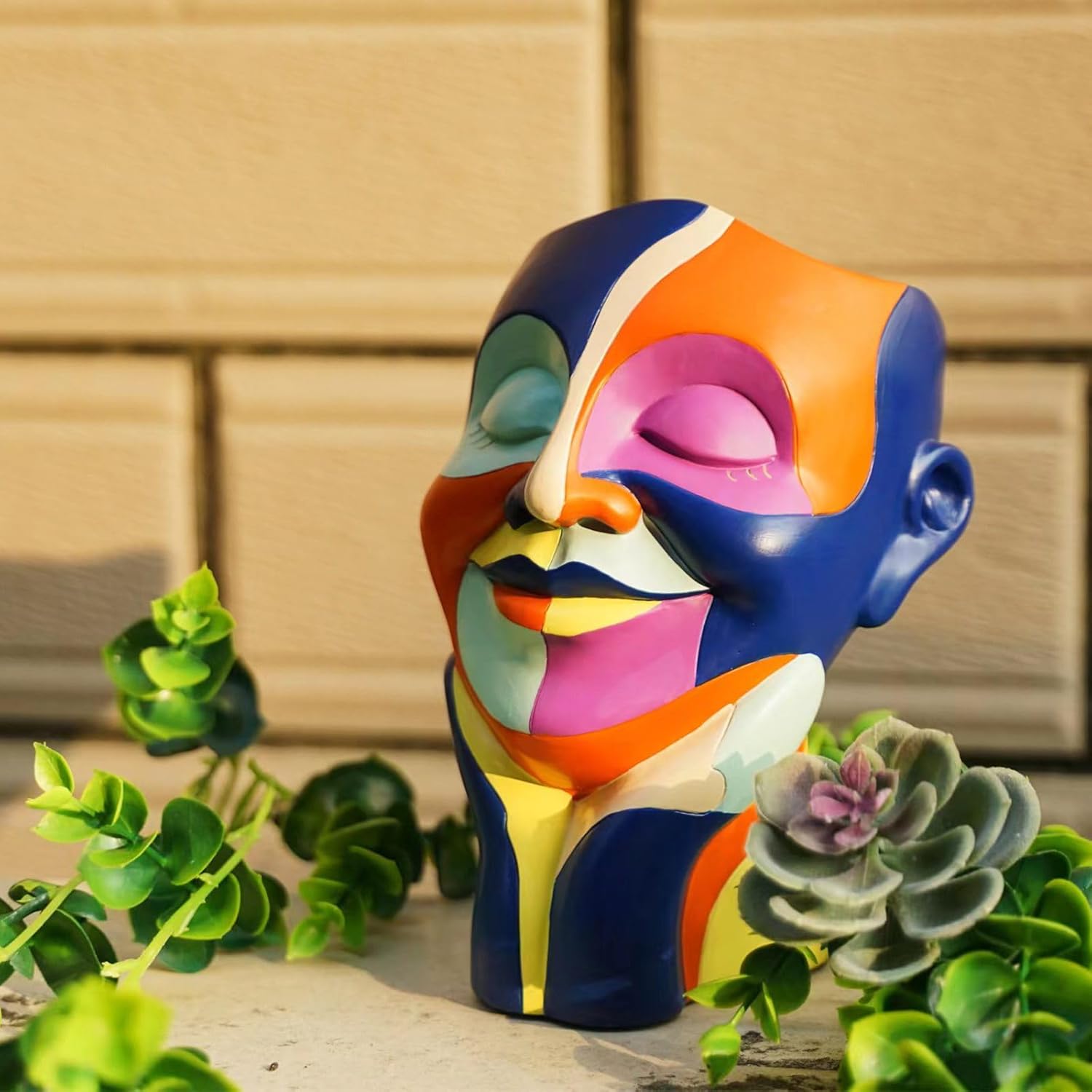 Rainbow Face Planters Pots Head, Funny Body Plant Pots for Decor, Resin Decorative Artistic Head Flower Pot, Hand Painted Planters Boho Eclectic Art for Indoor Outdoor, Plant Lover Gifts (Blue&Orange)