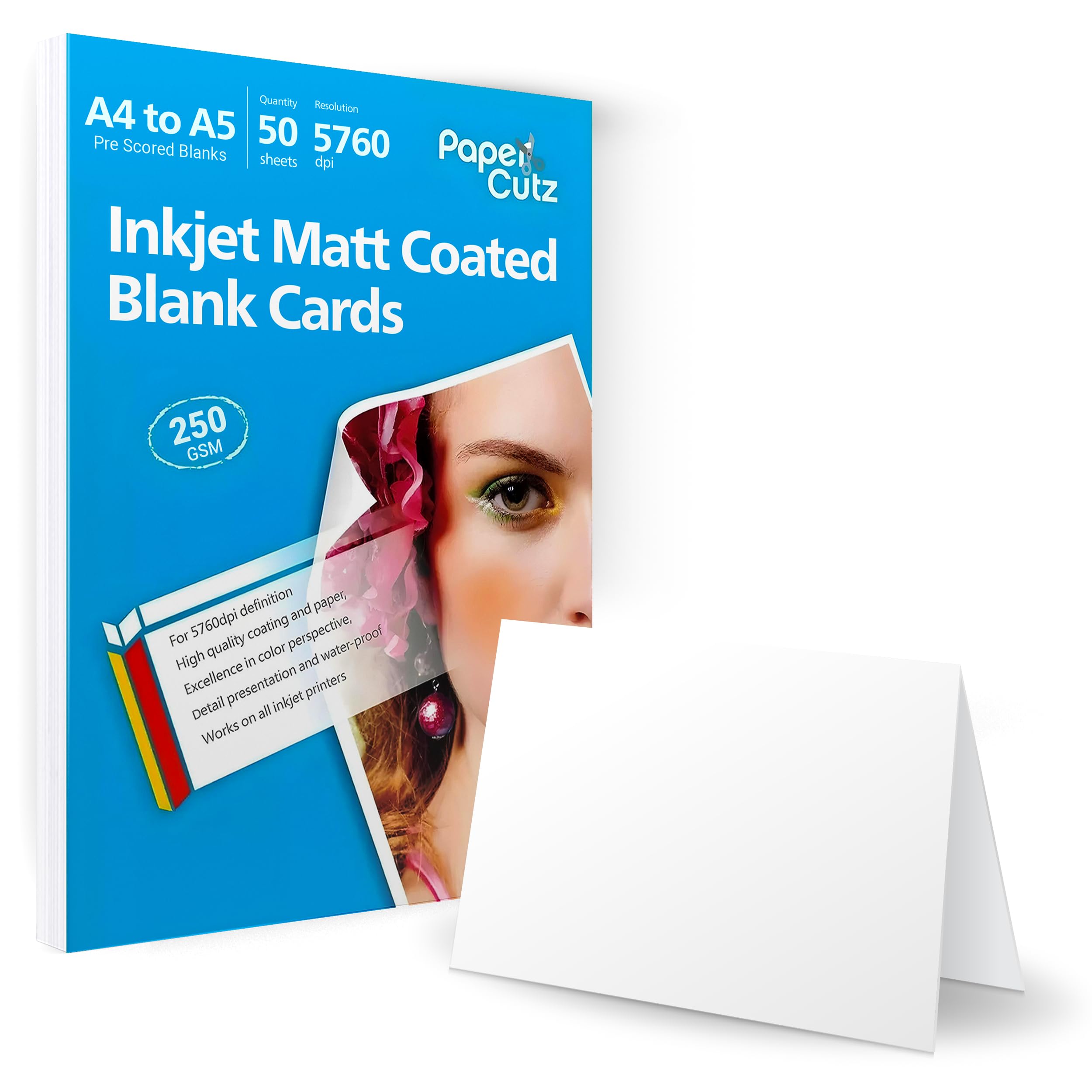 PAPERCUTZ A5 White Blank Cards (250 GSM) (200 Cards), Matt Coated Folding Greeting Cards, White Blank Cards for Inkjet Printing, Eco-friendly, Universal for all Inkjet Printers, A4 folded to A5 Card — image 1