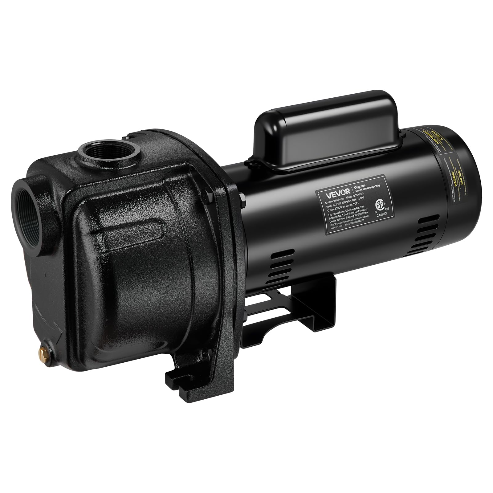VEVOR 2 HP Shallow Well Jet Pump, 230 Volt, 5200 GPH Cast Iron Well Jet Pump, with 112 ft Max Head Lift, Check Valve, Thermal Protection, for Garden Irrigation Lawn Sprinkler System
