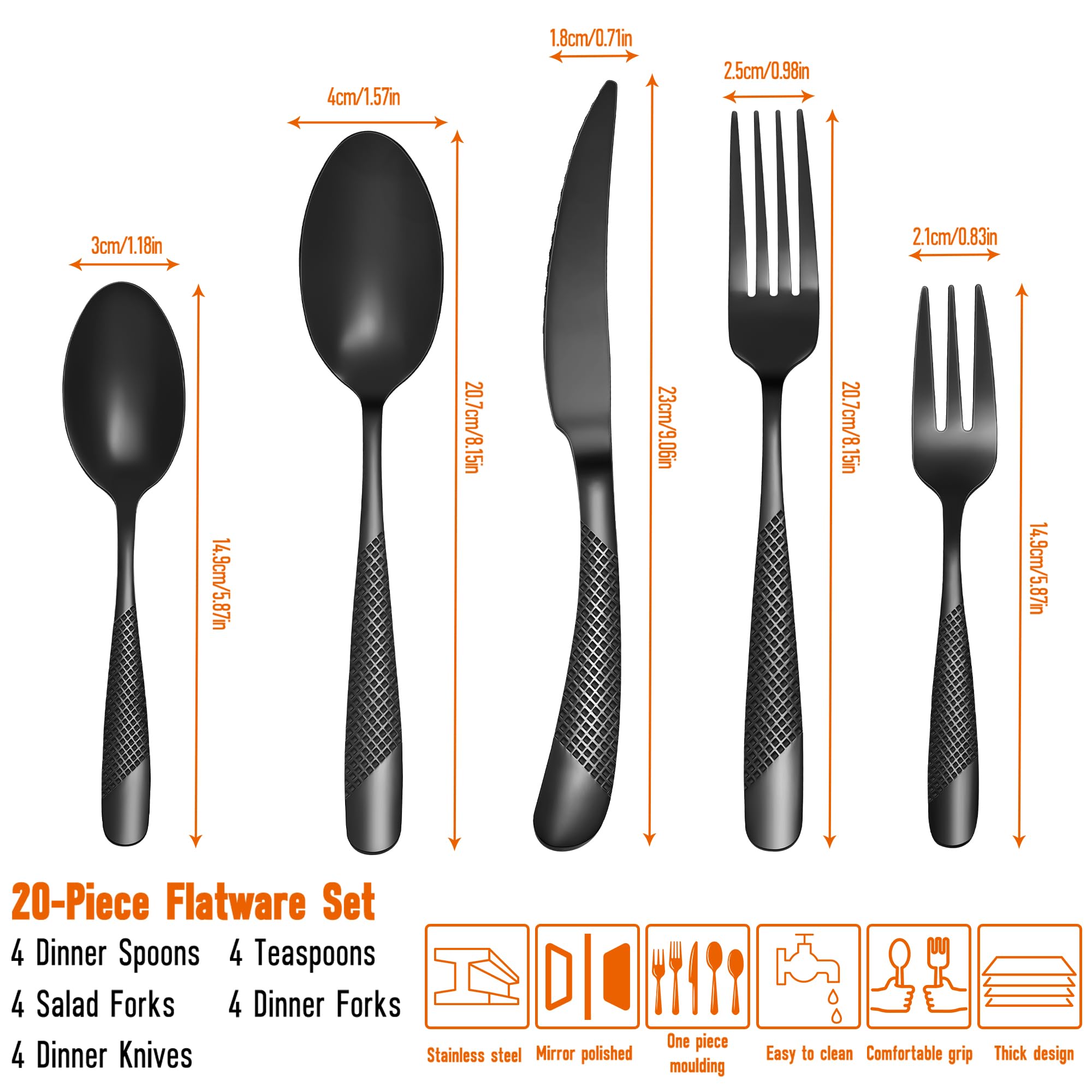 Set di posate per 4 persone, 20 pezzi, in acciaio inox, nero opaco/set di posate con coltello, forchetta, cucchiaio di alta qualità, lavabile in lavastoviglie