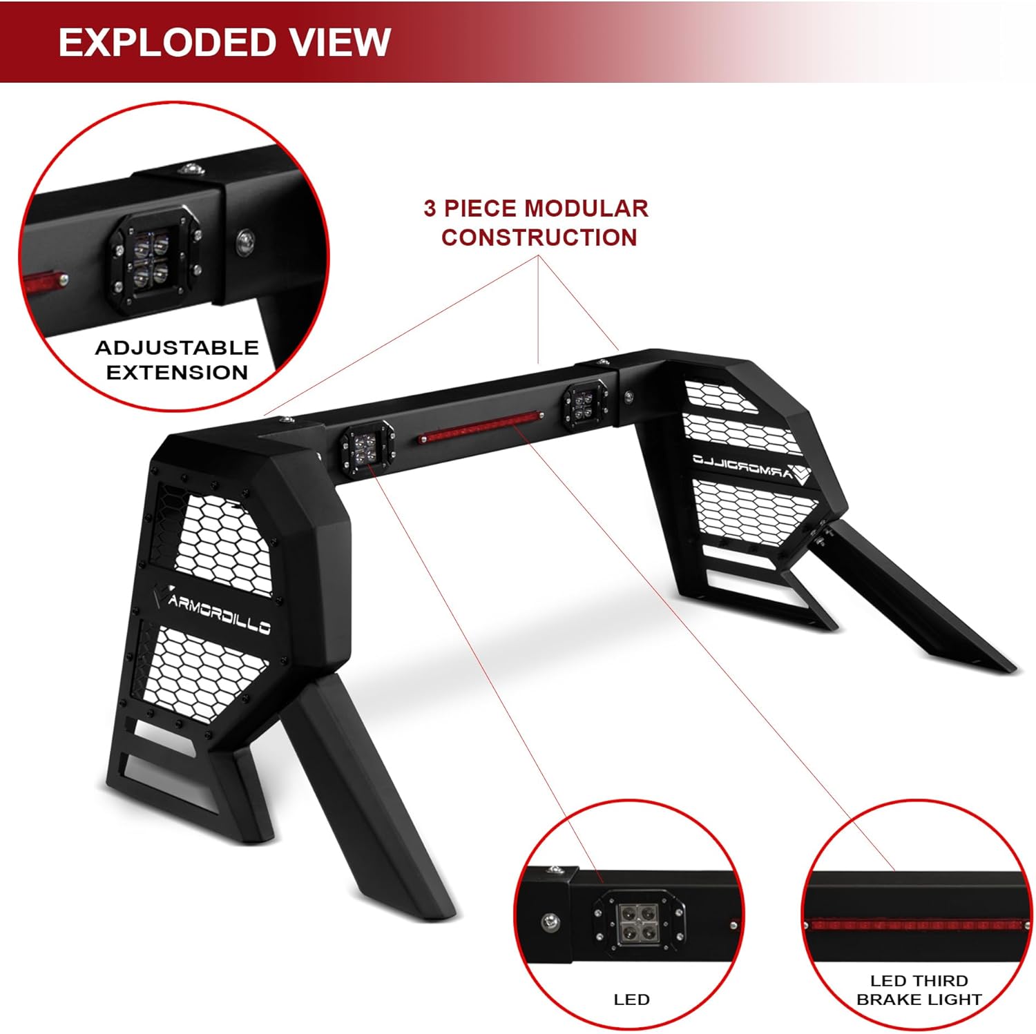 ARMORDILLO CR2 Roll Bar Chase Rack Compatible for 1/2 Ton Full Size and Mid Size Pickup Trucks|LED 3rd Brake Light Lamp|2X Quad LED Light Bars|Honeycomb Mesh 8710869 - Matte Black