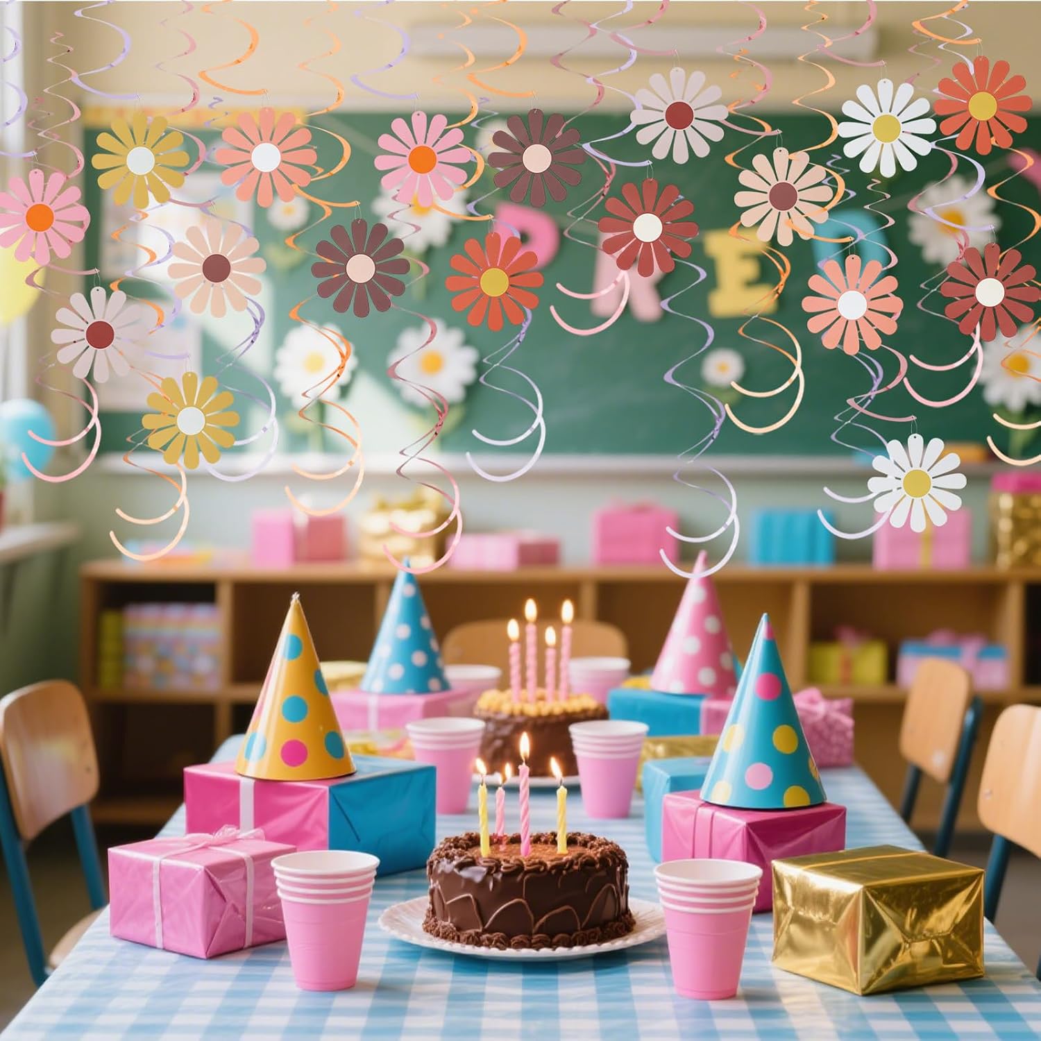 30 PCS Boho Daisy Flower Hanging Swirls, Colorful Foil Ceiling Hanging Decorations for Flower Themed Birthday Party Baby Shower Supplies image 3