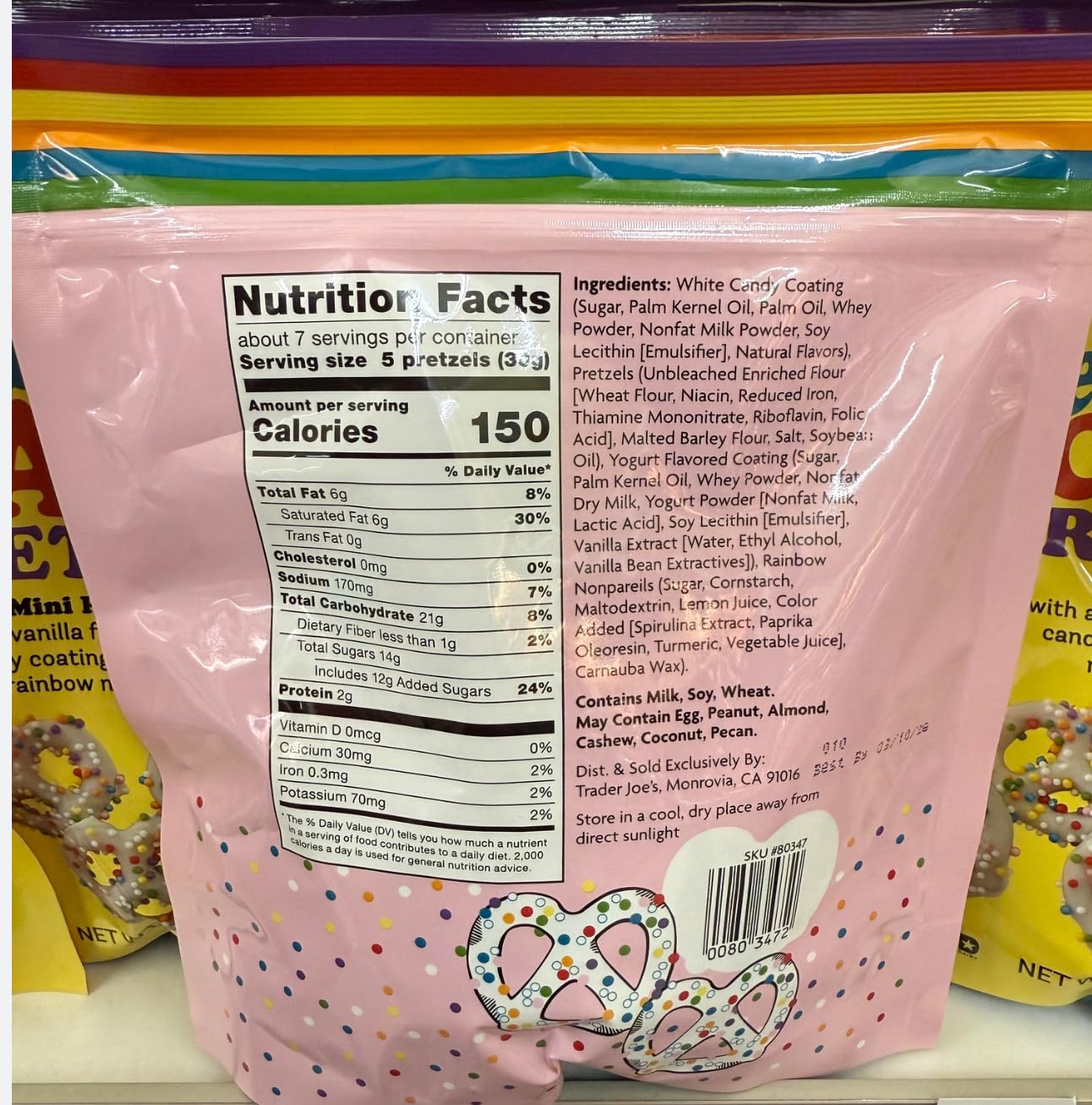 Trader Joe's Celebration Cake Pretzels, Mini Pretzels with Vanilla Frosting Candy Coating, Rainbow Nonpareils, 7 oz, 2 Pack