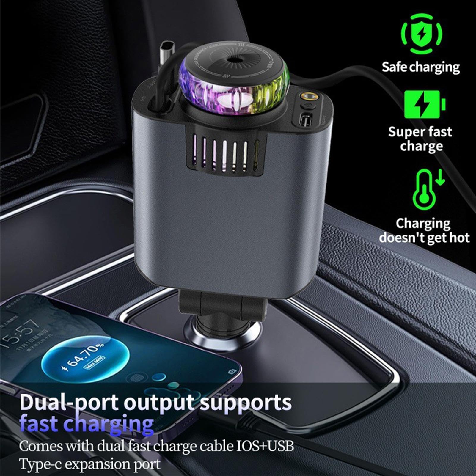 Caricabatteria per telefono da auto, stazione di ricarica rapida, 66 W | retrattile, multifunzione, veloce USB, proiettore a stella, diffusore di profumo per auto, 15 cm