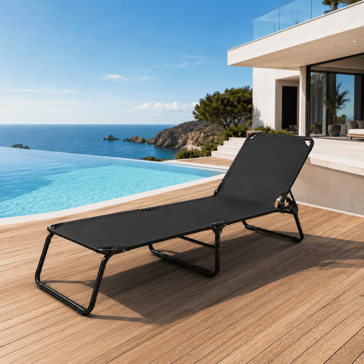 Lettino Pieghevole Prendisole Senza Tettuccio Parasole Schienale Reclinabile Regolabile Struttura In Metallo Nero Sedia Sdraio Per Spiaggia Mare Giardino Piscina 187 x 53 x 24 Cm Nero
